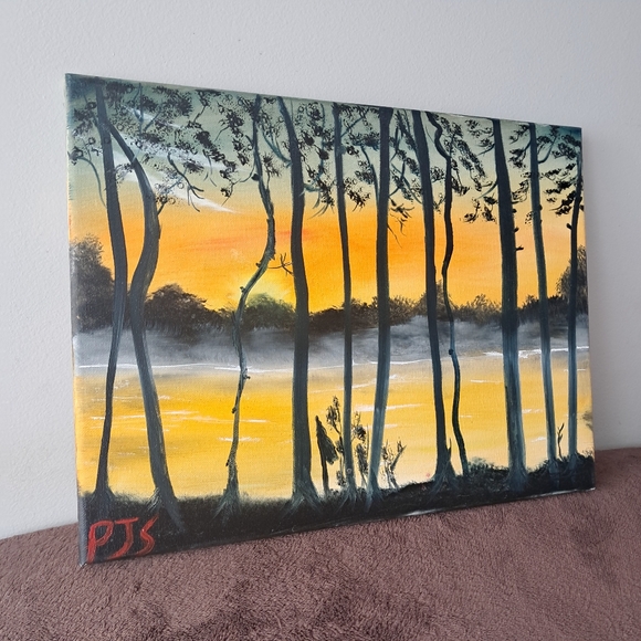 Hand Painted Canvas Oil Paint Landscape Trees Water Seen Silhouette - Picture 2 of 5